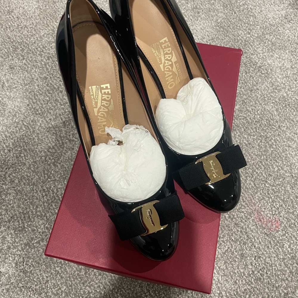 Salvatore Ferragamo Black Patent Leather Heels with Gold Accent